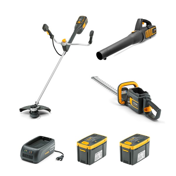STIGA pakke - Græstrimmer, Batteri-hækkeklipper, Løvblæser, Batteri-lader & 2x E450 Batteri 