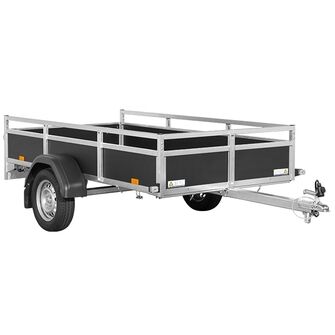 Saris Classic Wood Trailer - AMG75 - 750 kg. Traileren ses skråt forfra. Den har sider i træ