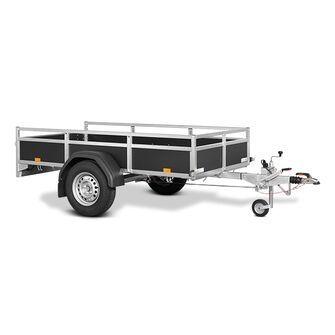 Saris Classic Wood Trailer - BMG135 - 1.350 kg. Traileren ses skråt fra siden. Den ses med næsehjul