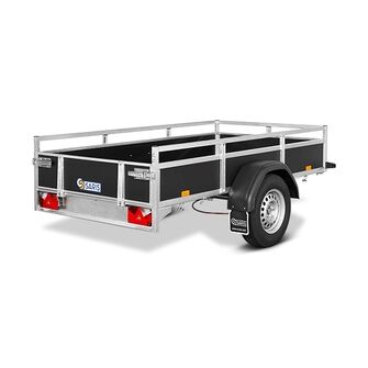 Saris Classic Wood Trailer - BMG135 - 1.350 kg. Traileren ses skråt bagfra. Den har sider af træ