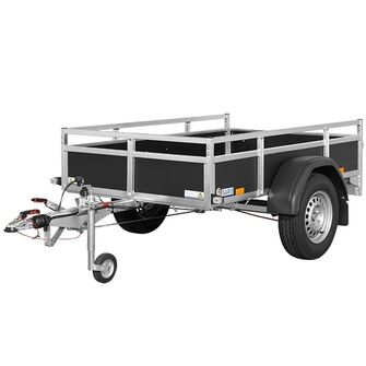 Saris Classic Wood Trailer - BSG135 - 1.350 kg. Traileren ses skråt forfra. Den har en enkelt aksel og bremser