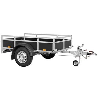 Saris Classic Wood Trailer - BSG135 - 1.350 kg. Traileren ses skråt forfra og har næsehjul og bremser