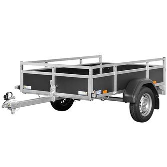 Saris Classic Wood Trailer - ASG75 - 750 kg. Traileren ses skråt forfra. Den har sider af træ