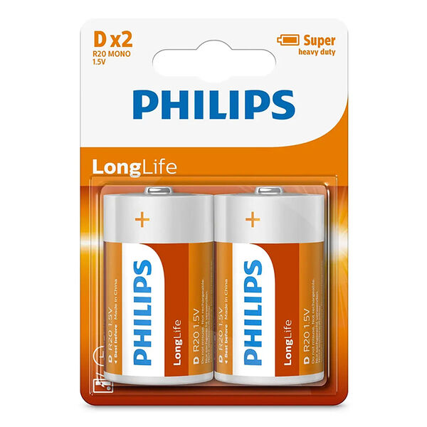 Philips Longlife D batteri 2 stk.