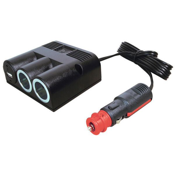 Strømudtag 1->2+USB med ledning