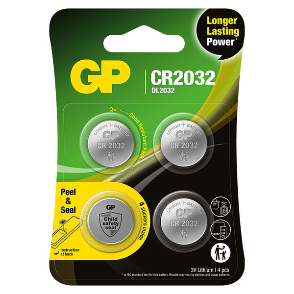 GP knapcelle, Lithium, CR2032, Safety seal, 4-pak