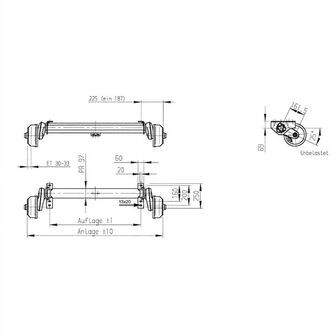 Bremset aksel  - 1350kg - B: 1200-6 A: 1040 C: 1490 - Tegning