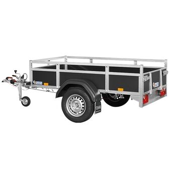 Saris Classic Wood Trailer - BSF100 - 1.000 kg. Traileren ses fra siden. Den har bremser og en enkelt aksel